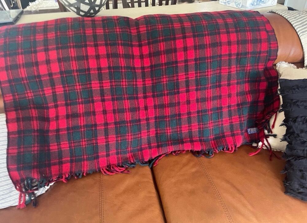Vintage Pendleton tartan plaid red wool throw blanket